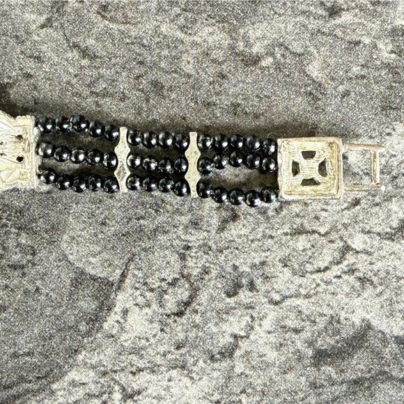 Art Deco Style Beaded Bracelet 7.5in Silver Tone Black Beads Retro Style - Picture 12 of 15